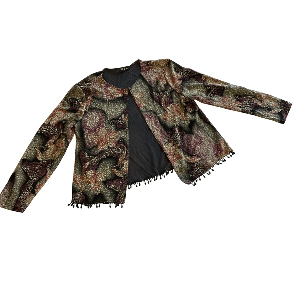 MSK Vintage Cardigan Womens Large Multicolor Floral Beaded Hem Evening Shrug
